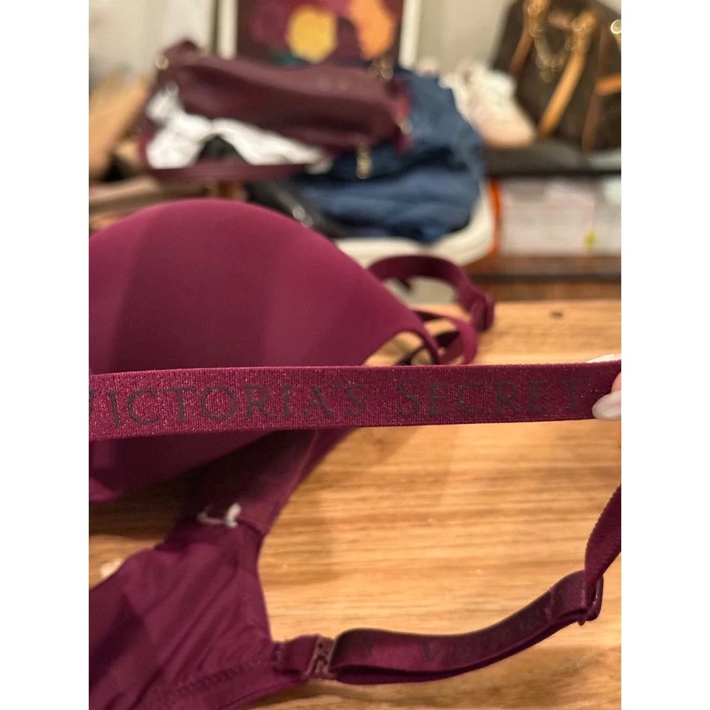 Victorias Secret Push Up Bra Burgundy Wine Logo Strap 36D